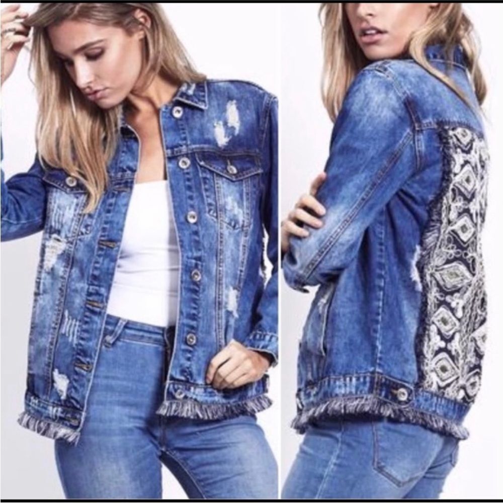 Jaase MATILDA Distressed Denim Lace Panel  Sequin Fringe Jean Jacket - S